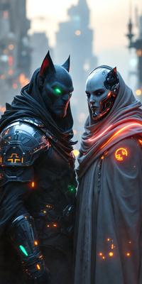 The primary subject of the image is a man and a woman, both dressed in futuristic clothing. They are standing next to each other, with the woman wearing a long white robe and the man wearing a black outfit. The setting appears to be a futuristic environment, possibly a dystopian cityscape. The visual style of the image is digital art, with the characters and their surroundings depicted in a detailed and intricate manner. The colors and mood of the image are dark and moody, with the characters' clothing and the overall atmosphere creating a sense of mystery and tension.
